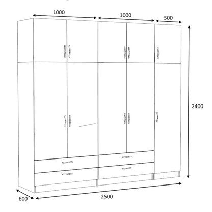 Ντουλάπα Ρούχων Victoria Πεντάφυλλη με Πατάρι και Συρτάρια Χρώμα Φυσικό Οξιάς 250x60x240