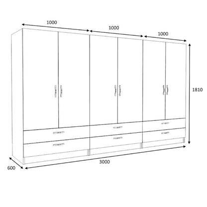 Ντουλάπα Ρούχων Victoria Εξάφυλλη με Συρτάρια Χρώμα Καρυδί 300x60x181