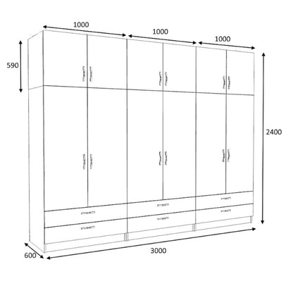 Ντουλάπα Ρούχων Victoria Εξάφυλλη με Πατάρι και Συρτάρια Χρώμα Καρυδί 300x60x240