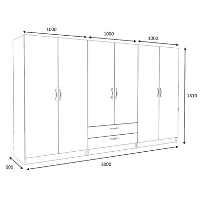 Ντουλάπα Ρούχων Victoria Εξάφυλλη με Συρτάρια Χρώμα Καρυδί 300x60x181