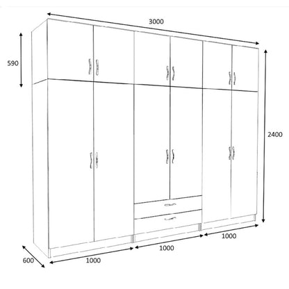 Ντουλάπα Ρούχων Victoria Εξάφυλλη με Πατάρι και Συρτάρια Χρώμα Καρυδί 300x60x240