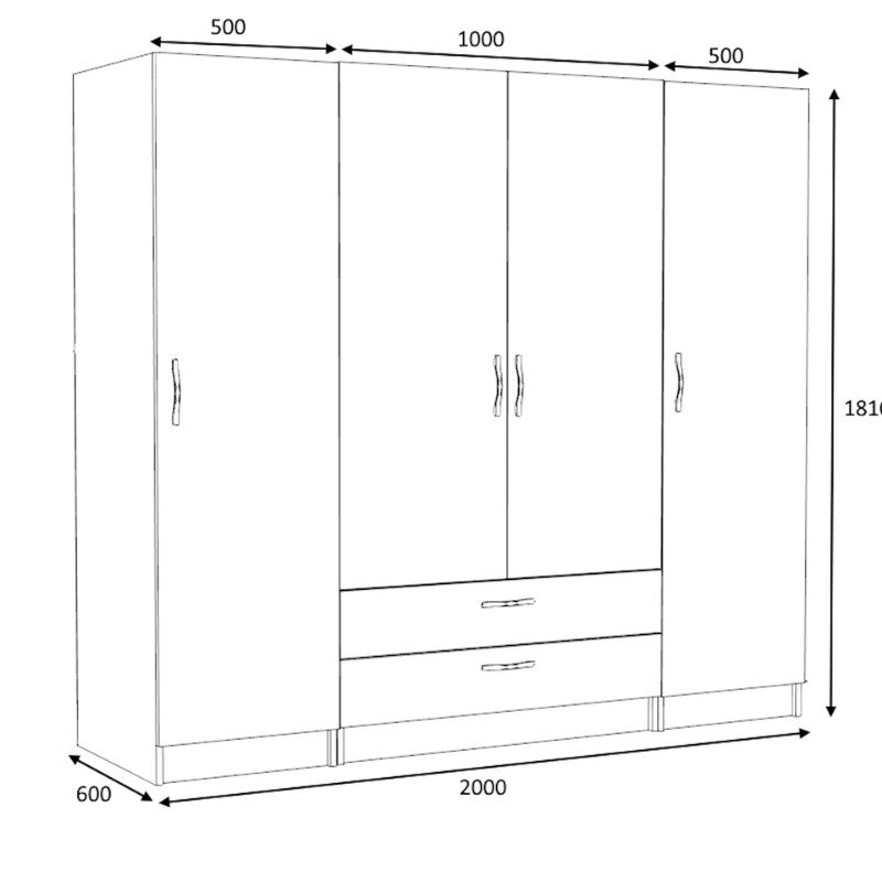 Ντουλάπα Ρούχων Victoria Τετράφυλλη με Συρτάρια Χρώμα Καρυδί 200x60x181
