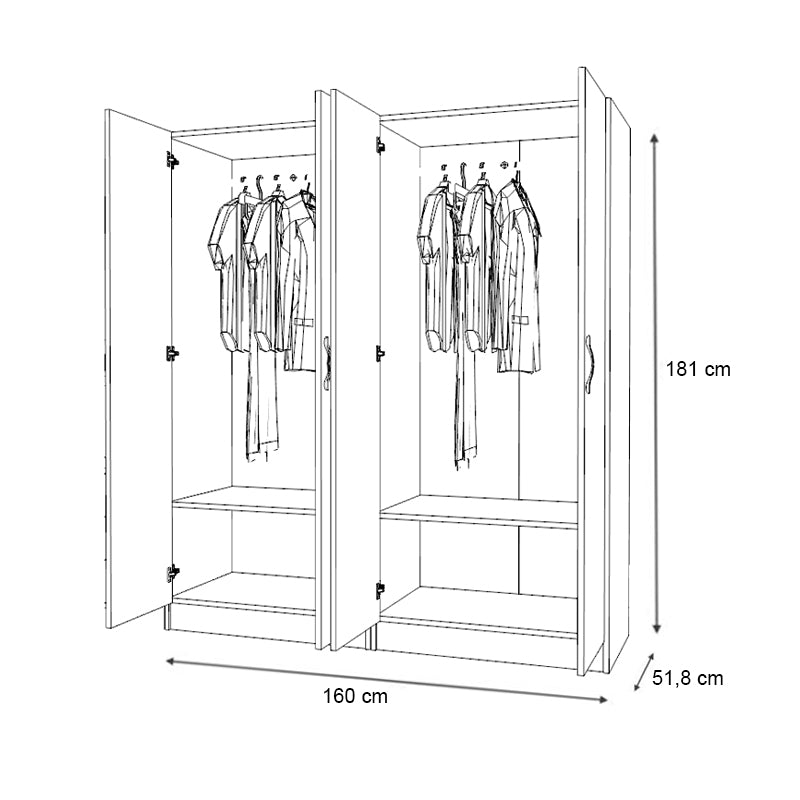 Ντουλάπα Ρούχων Vivian Τετράφυλλη Χρώμα Καρυδί 160x51,8x181