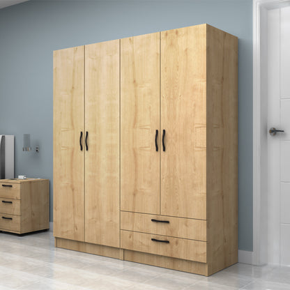 Ντουλάπα Ρούχων Vivian Τετράφυλλη με Συρτάρια Χρώμα Φυσικό Οξιάς 160x51,8x181