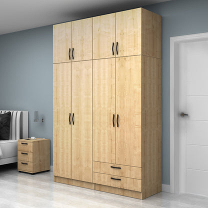 Ντουλάπα Ρούχων Vivian Τετράφυλλη με Πατάρι και Συρτάρια Χρώμα Φυσικό Οξιάς 160x51,8x240