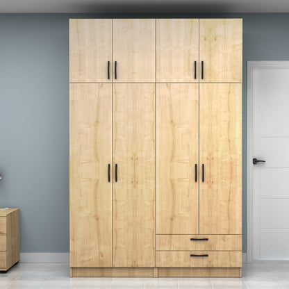 Ντουλάπα Ρούχων Vivian Τετράφυλλη με Πατάρι και Συρτάρια Χρώμα Φυσικό Οξιάς 160x51,8x240