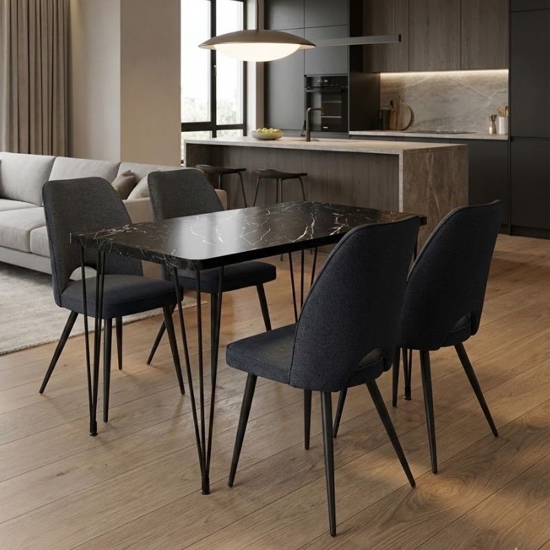 Σετ Τραπεζαρία 5 Τμχ Roger - Christy MDF - Ύφασμα Χρώμα Μαύρο Εφέ Μαρμάρου - Ανθρακί 120x70x75