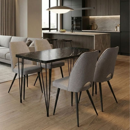 Σετ Τραπεζαρία 5 Τμχ Roger - Christy MDF - Ύφασμα Χρώμα Μαύρο Εφέ Μαρμάρου - Ανοιχτό Μπεζ 120x70x75