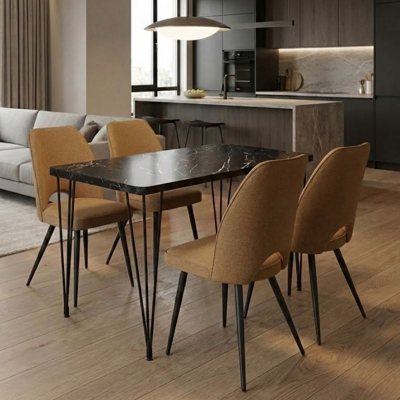 Σετ Τραπεζαρία 5 Τμχ Roger - Christy MDF - Ύφασμα Χρώμα Μαύρο Εφέ Μαρμάρου - Μουσταρδί 120x70x75