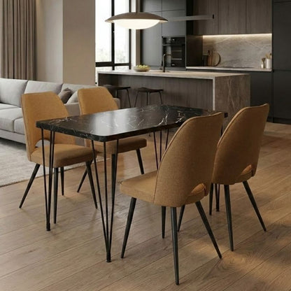 Σετ Τραπεζαρία 5 Τμχ Roger - Christy MDF - Ύφασμα Χρώμα Μαύρο Εφέ Μαρμάρου - Μουσταρδί 120x70x75