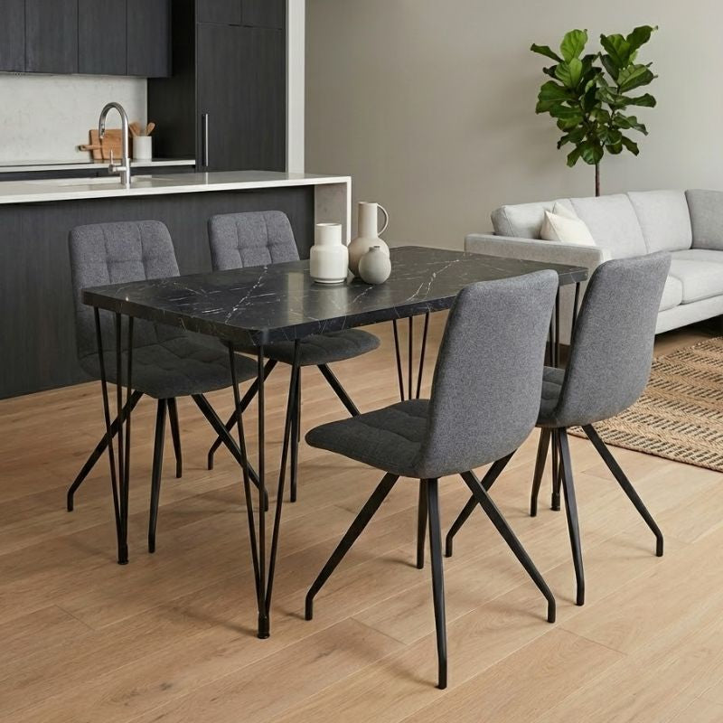 Σετ Τραπεζαρία 5 Τμχ Roger - Bianca MDF - Ύφασμα Χρώμα Μαύρο Εφέ Μαρμάρου - Γκρι 120x70x75