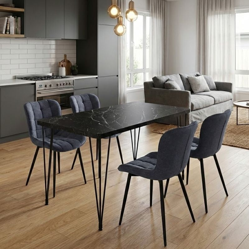 Σετ Τραπεζαρία 5 Τμχ Roger - Chiara MDF - Ύφασμα Χρώμα Μαύρο Εφέ Μαρμάρου - Ανθρακί 120x70x75