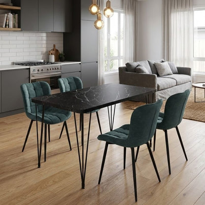 Σετ Τραπεζαρία 5 Τμχ Roger - Chiara MDF - Ύφασμα Χρώμα Μαύρο Εφέ Μαρμάρου - Πράσινο 120x70x75