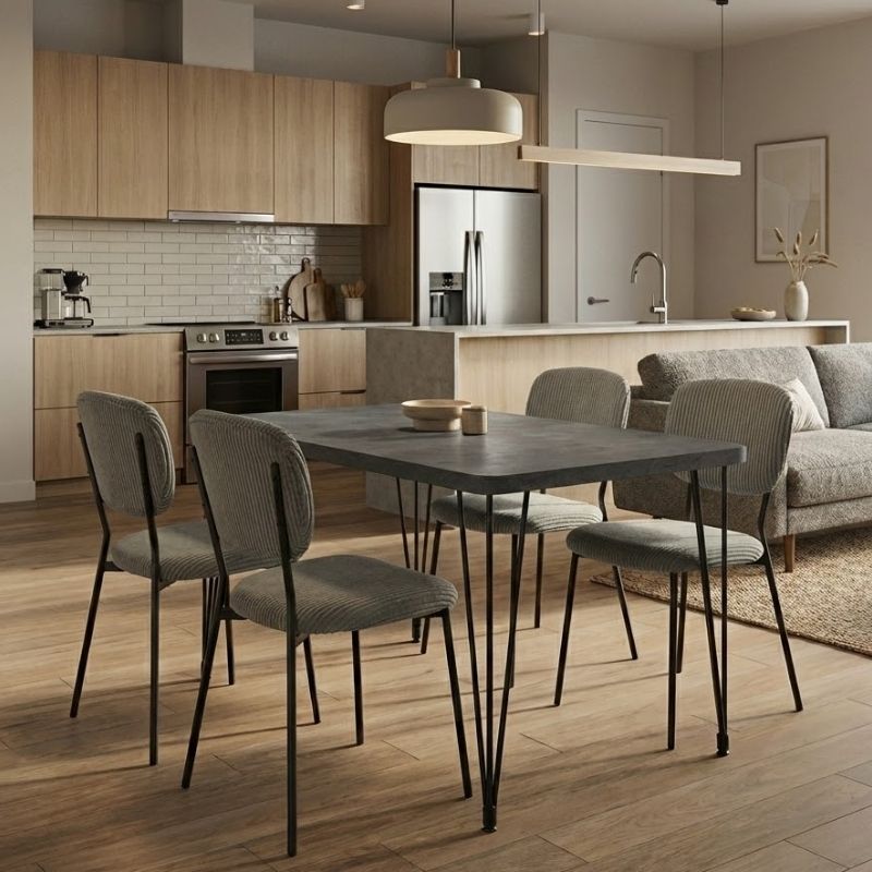 Σετ Τραπεζαρία 5 Τμχ Roger - Kevin MDF - Ύφασμα Χρώμα Σκούρο Γκρι Σκυροδέματος - Λαδί 120x70x75