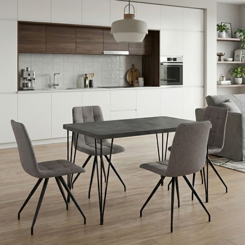 Σετ Τραπεζαρία 5 Τμχ Roger - Bianca MDF - Ύφασμα Χρώμα Σκούρο Γκρι Σκυροδέματος - Ανοιχτό Μπεζ 120x70x75