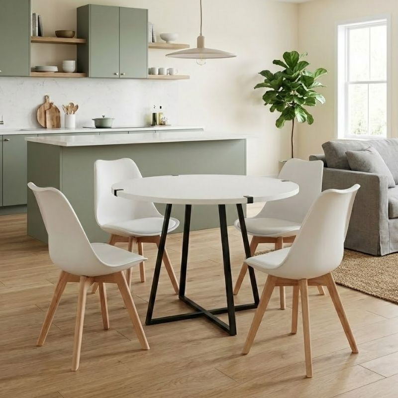 Σετ Τραπεζαρία 5 Τμχ Rubes - Viva Χρώμα Λευκό - Λευκό/Φυσικό Πόδι Ø100x78