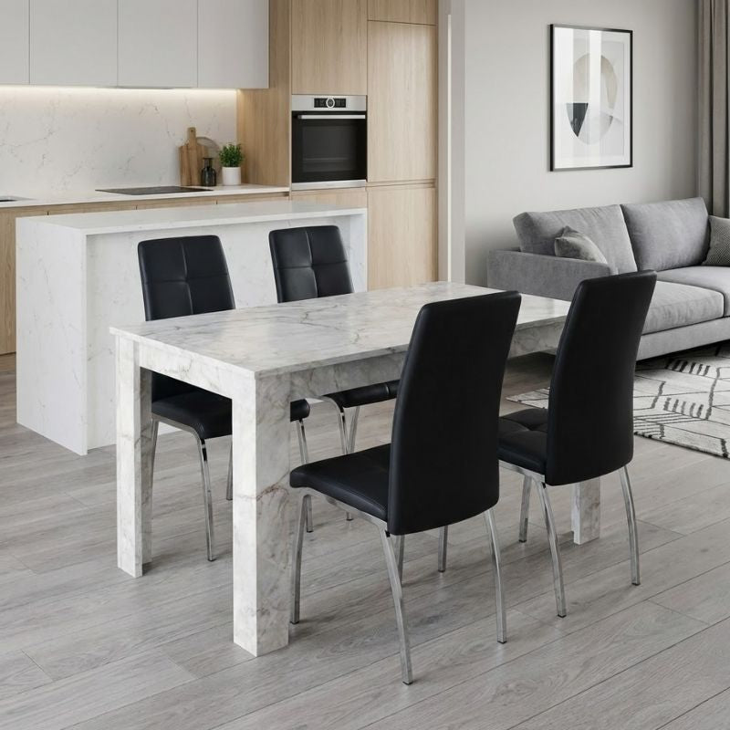 Σετ Τραπεζαρία 5 Τμχ Darlen - Alma Χρώμα Λευκό Εφέ Μαρμάρου - Μαύρο 125x72x74