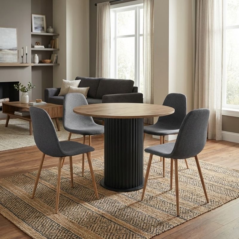 Σετ Τραπεζαρία 5 Τμχ Bohema - Iris Χρώμα Μαύρο/Sepet Oak - Γκρι/Φυσικό Πόδι Ø90x77,7