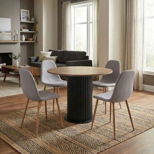 Σετ Τραπεζαρία 5 Τμχ Bohema - Iris Χρώμα Μαύρο/Sepet Oak - Ανοιχτό Μπεζ/Φυσικό Πόδι Ø90x77,7