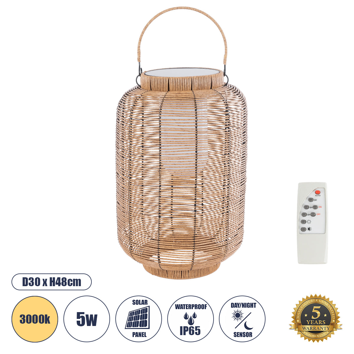GRAMBIAN 02304 Boho Αυτόνομο Ηλιακό Κρεμαστό/Επιτραπέζιο Φωτιστικό Πορτατίφ LED 5W 200lm 180° με Ενσωματωμένη Μπαταρία IP65 Θερμό Λευκό 3000K Μπεζ Ξύλο - Μ30 x Π30 x Υ48cm