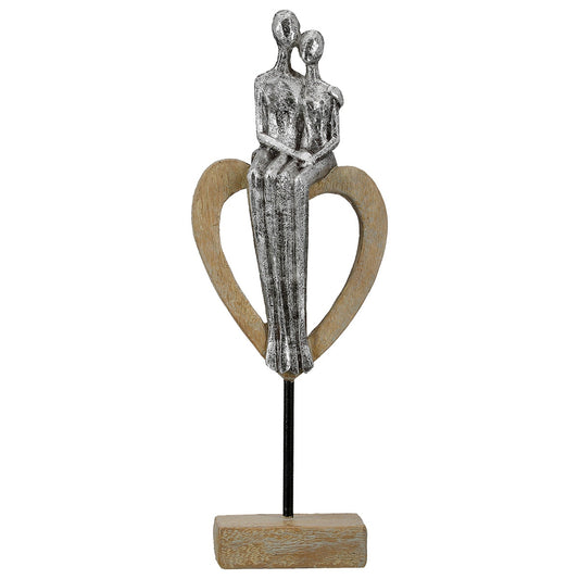 Γλυπτό Καρδιά "Aroha" Couple Motif Πολυρεζίνη Brown Ασημένιο 12x7x32