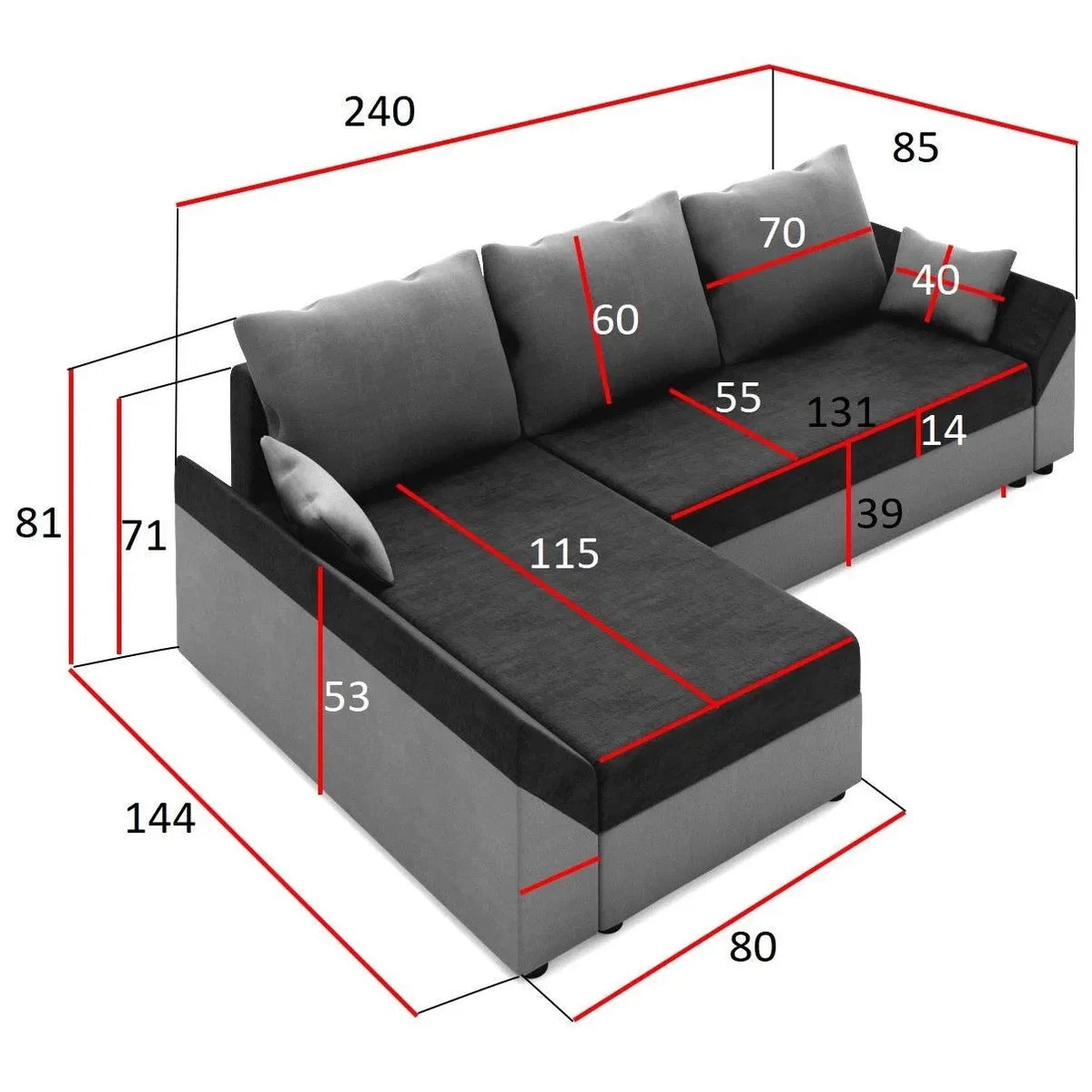 Γωνιακός Καναπές Eibar Μαύρο-Γκρι 240x144x81