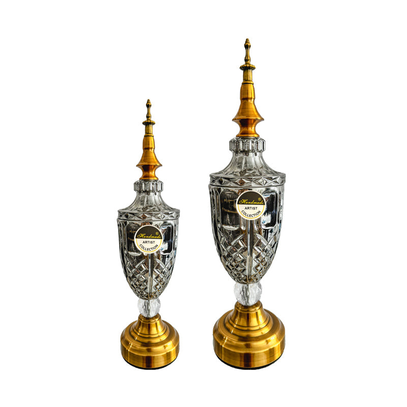 Διακοσμητική Γυάλινη Φοντανιέρα με Χρυσό Μεταλλικό Καπάκι και Αντικέ Πόδι 10x10x42