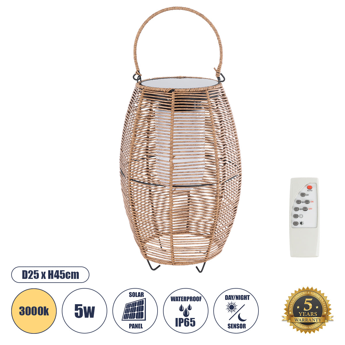 HESPELER 02305 Boho Αυτόνομο Ηλιακό Κρεμαστό/Επιτραπέζιο Φωτιστικό Πορτατίφ LED 5W 200lm 180° με Ενσωματωμένη Μπαταρία IP65 Θερμό Λευκό 3000K Μπεζ Ξύλο - Μ25 x Π25 x Υ45cm