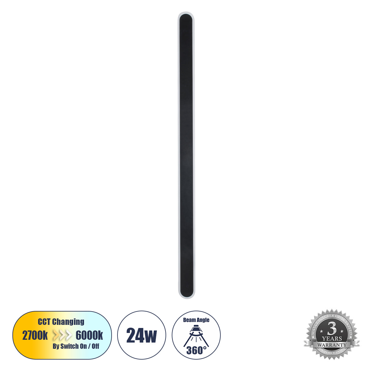 HOUSTON 61349 Φωτιστικό Τοίχου - Απλίκα Design LED CCT 24W 2880lm 360° AC 220-240V - Εναλλαγή Φωτισμού μέσω Διακόπτη On/Off All In One Ψυχρό 6000k+Φυσικό 4500k+Θερμό 2700k Μ6 x Π3 x Υ100cm - Μαύρο