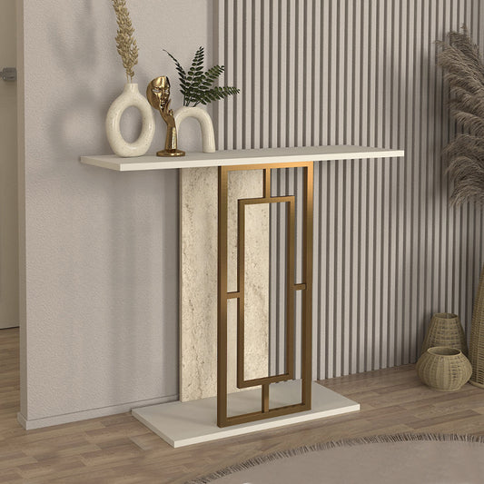 Κονσόλα Alderas Χρώμα Sandstone - Travertine - Χρυσό 90x29,6x76,8