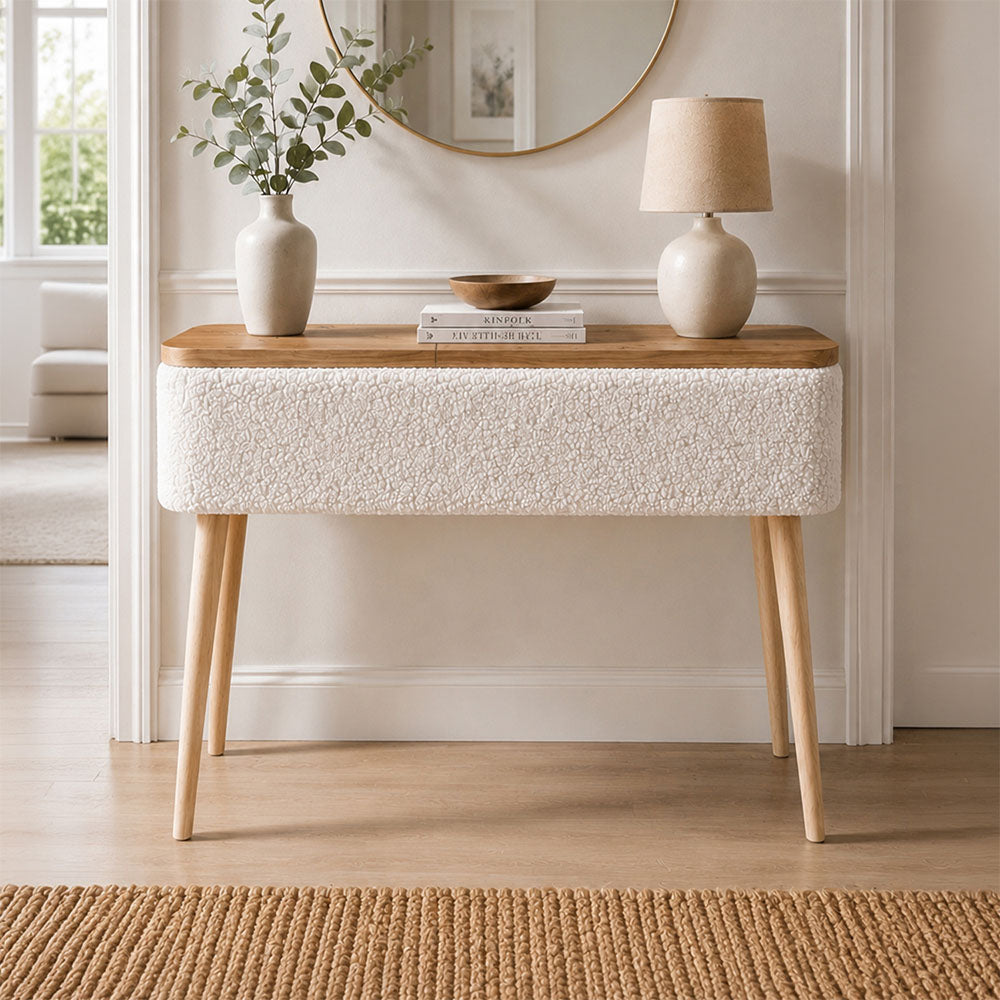 Κονσόλα Luno Ύφασμα Teddy Χρώμα Λευκό - Pine Oak 90x30x90