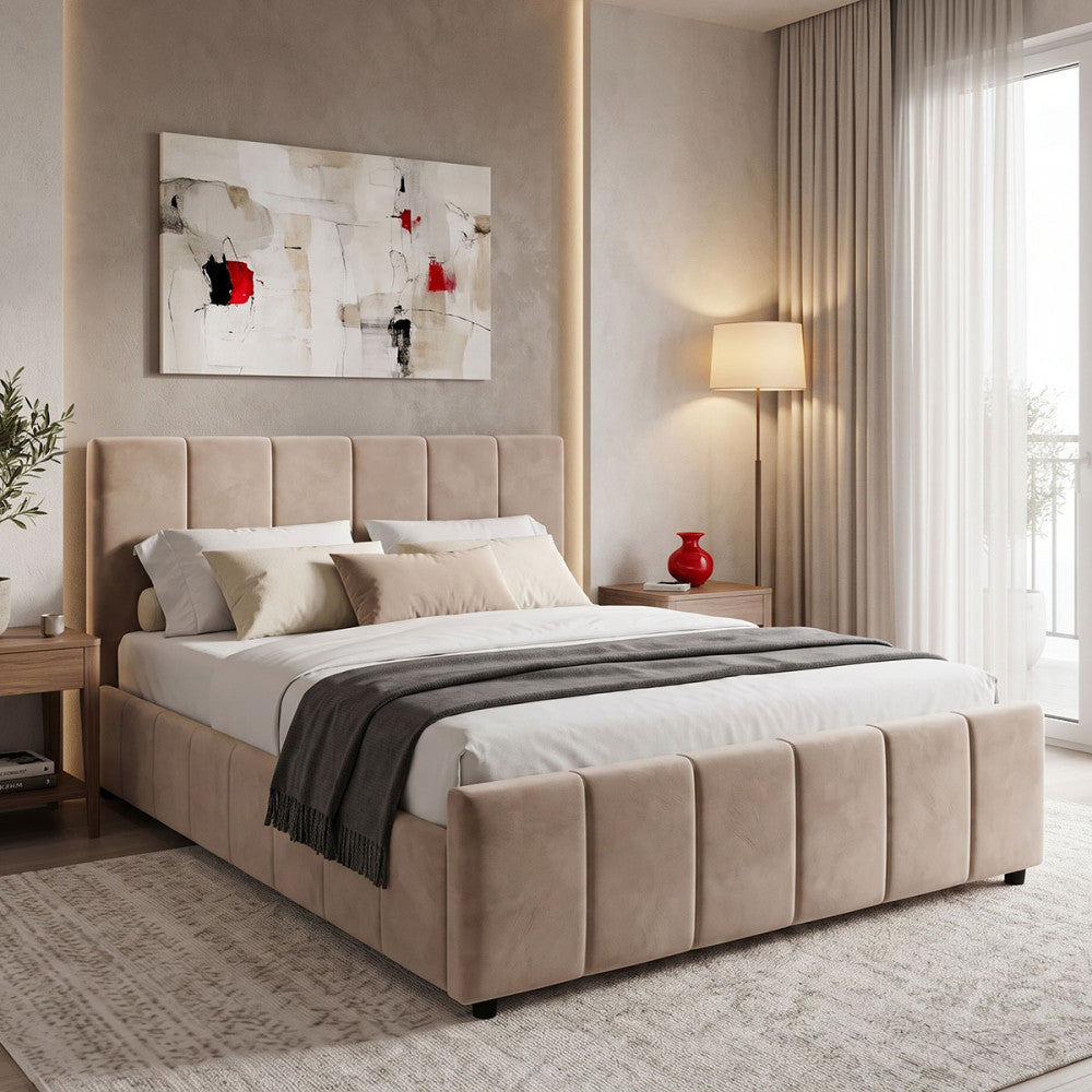 Doulia Double Bed Beige Velvet 150x200cm