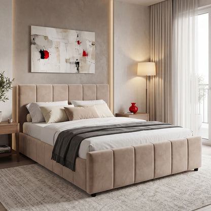 Doulia Double Bed Beige Velvet 150x200cm