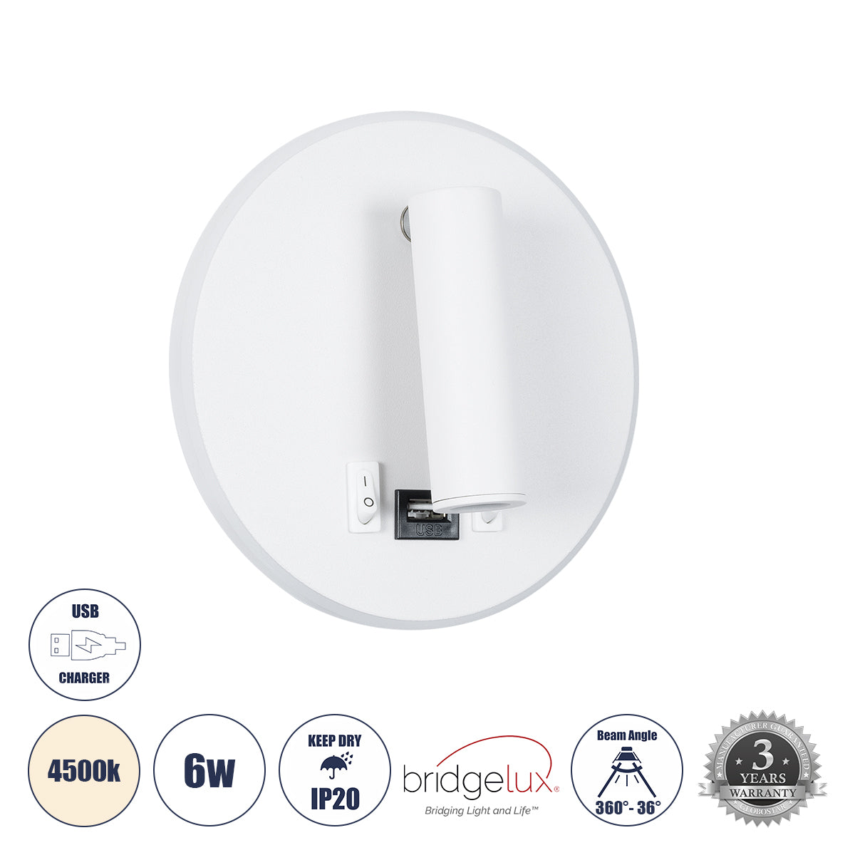 LADY-R 60939 Μοντέρνο Φωτιστικό Τοίχου - Απλίκα Ξενοδοχείου Reading Light με Φορτιστή USB 3A LED 6W 600lm 36° & 360° AC 220-240V IP20 Φυσικό Λευκό 4500K - Bridgelux COB & TÜV SÜD Driver - Λευκό Ματ - Μ15 x Π15 x Υ17