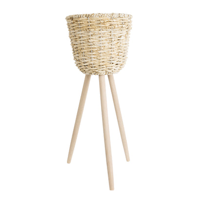 LIMNOS 20582 Διακοσμητικό Πλεκτό Κασπώ Γλάστρα - Flower Pot Μπεζ με Μπεζ Ξύλο Φ26 x Υ66cm