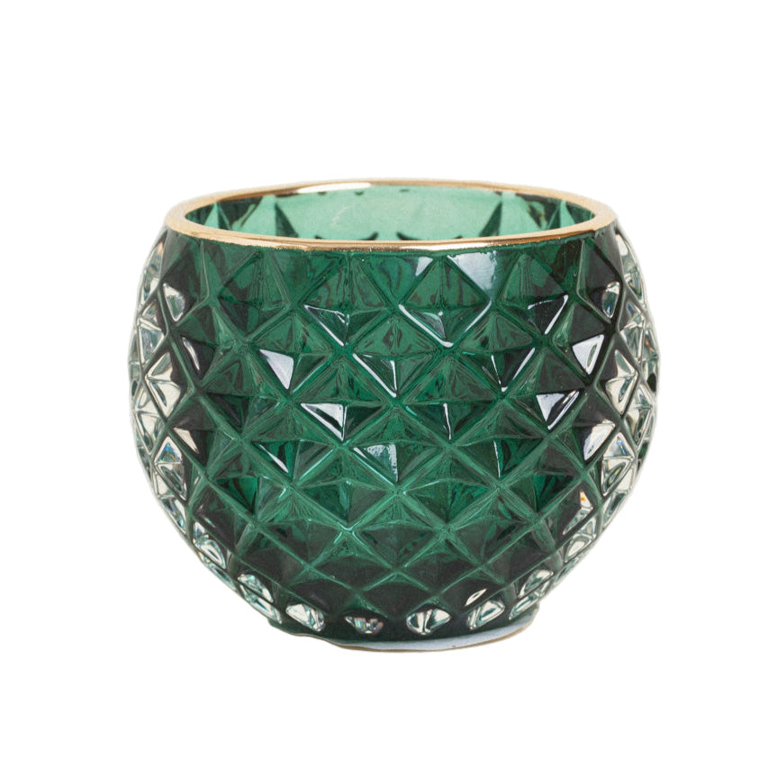 Κηροπήγιο Στρογγυλό Πράσινο Ανάγλυφο με Χρυσό Στόμιο 8x8x6