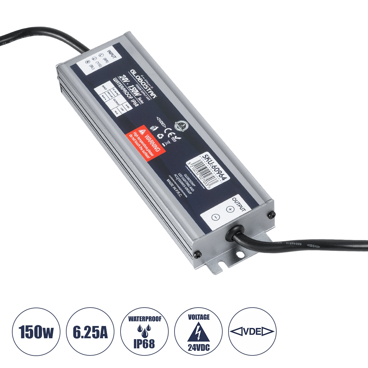 LUMISPLASH 60964 Τροφοδοτικό/Μετασχηματιστής Class II SELV 150W 6.25A DC 24V Αδιάβροχο IP68 - AC 220-240V σε DC 24V - Μ20 x Π5.5 x Υ2.5