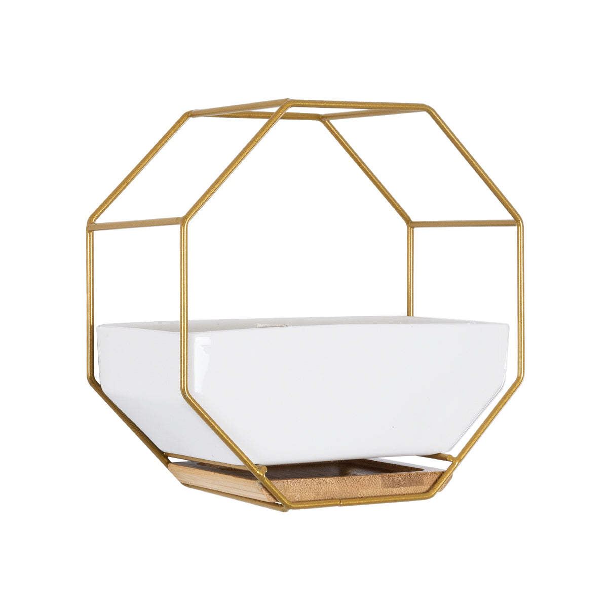 MANDRITE 20556 Διακοσμητικό Κεραμικό Κασπώ Γλάστρα - Flower Pot Λευκό με Χρυσό Μεταλλικό Πλέγμα και Καφέ Ξύλινη Βάση Μ18 x Π10 x Υ18cm
