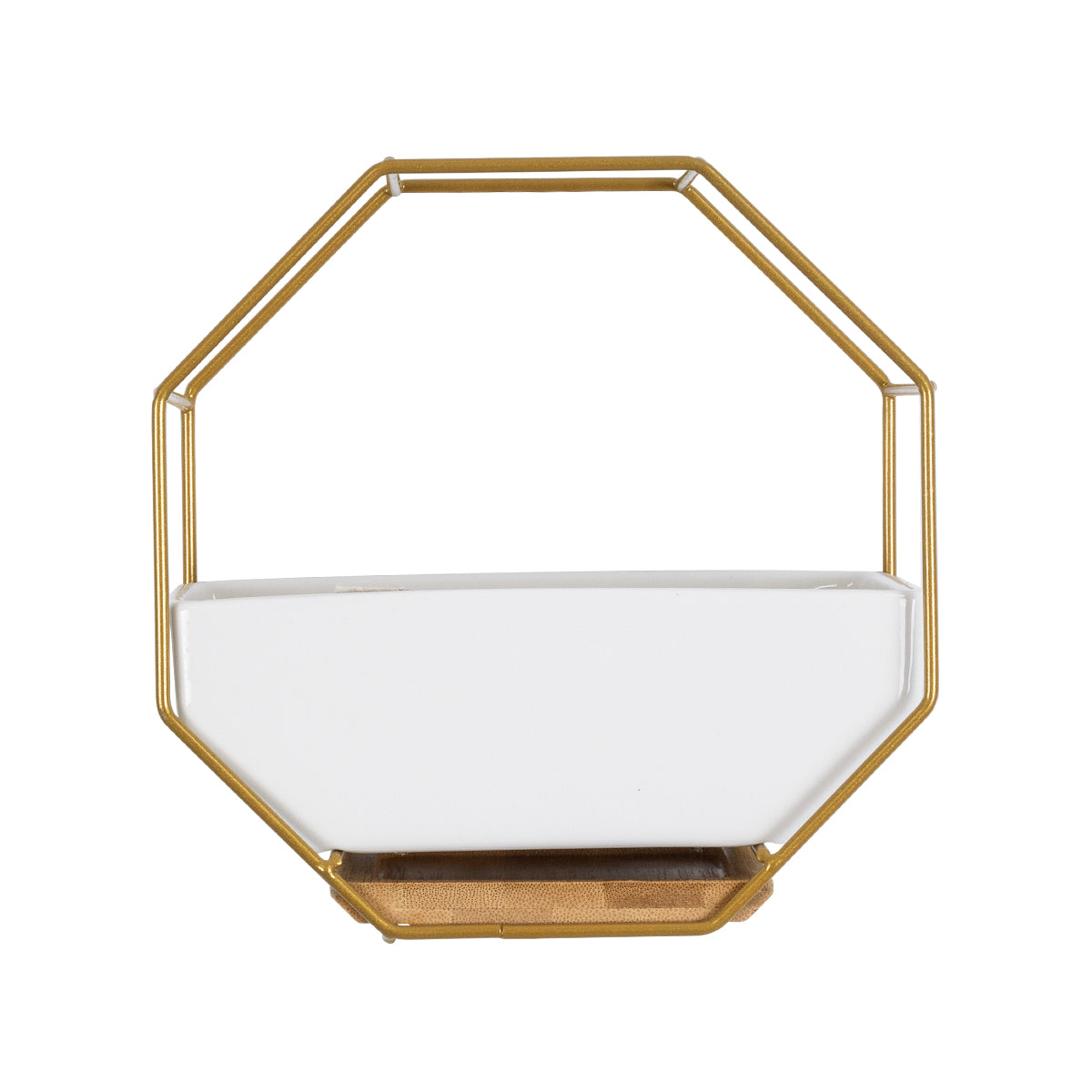 MANDRITE 20556 Διακοσμητικό Κεραμικό Κασπώ Γλάστρα - Flower Pot Λευκό με Χρυσό Μεταλλικό Πλέγμα και Καφέ Ξύλινη Βάση Μ18 x Π10 x Υ18cm