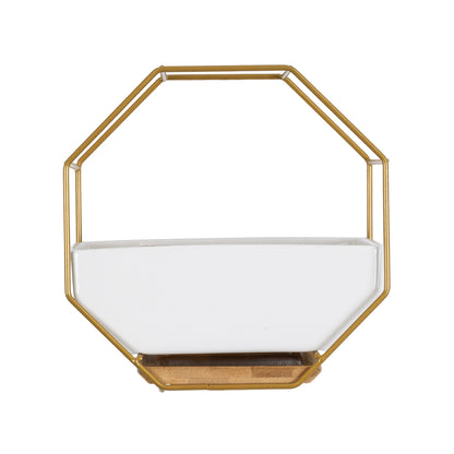 MANDRITE 20556 Διακοσμητικό Κεραμικό Κασπώ Γλάστρα - Flower Pot Λευκό με Χρυσό Μεταλλικό Πλέγμα και Καφέ Ξύλινη Βάση Μ18 x Π10 x Υ18cm
