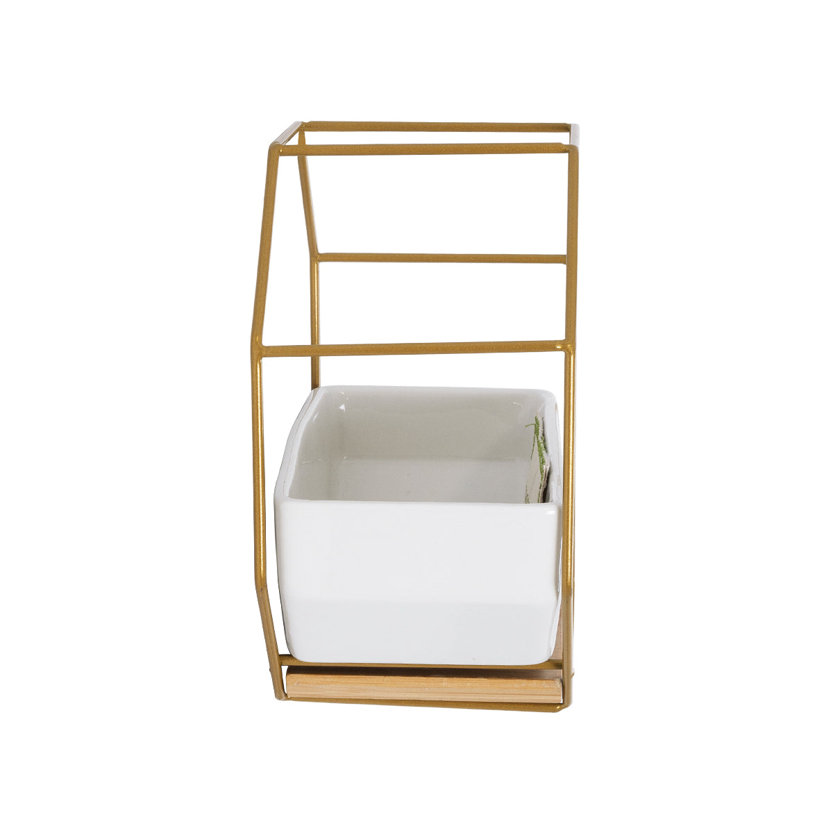 MANDRITE 20556 Διακοσμητικό Κεραμικό Κασπώ Γλάστρα - Flower Pot Λευκό με Χρυσό Μεταλλικό Πλέγμα και Καφέ Ξύλινη Βάση Μ18 x Π10 x Υ18cm