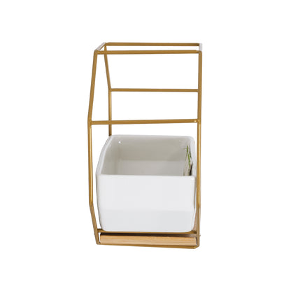 MANDRITE 20556 Διακοσμητικό Κεραμικό Κασπώ Γλάστρα - Flower Pot Λευκό με Χρυσό Μεταλλικό Πλέγμα και Καφέ Ξύλινη Βάση Μ18 x Π10 x Υ18cm