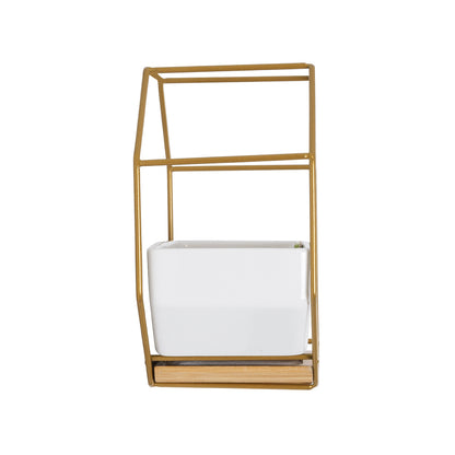MANDRITE 20556 Διακοσμητικό Κεραμικό Κασπώ Γλάστρα - Flower Pot Λευκό με Χρυσό Μεταλλικό Πλέγμα και Καφέ Ξύλινη Βάση Μ18 x Π10 x Υ18cm