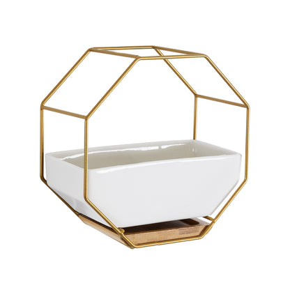 MANDRITE 20556 Διακοσμητικό Κεραμικό Κασπώ Γλάστρα - Flower Pot Λευκό με Χρυσό Μεταλλικό Πλέγμα και Καφέ Ξύλινη Βάση Μ18 x Π10 x Υ18cm