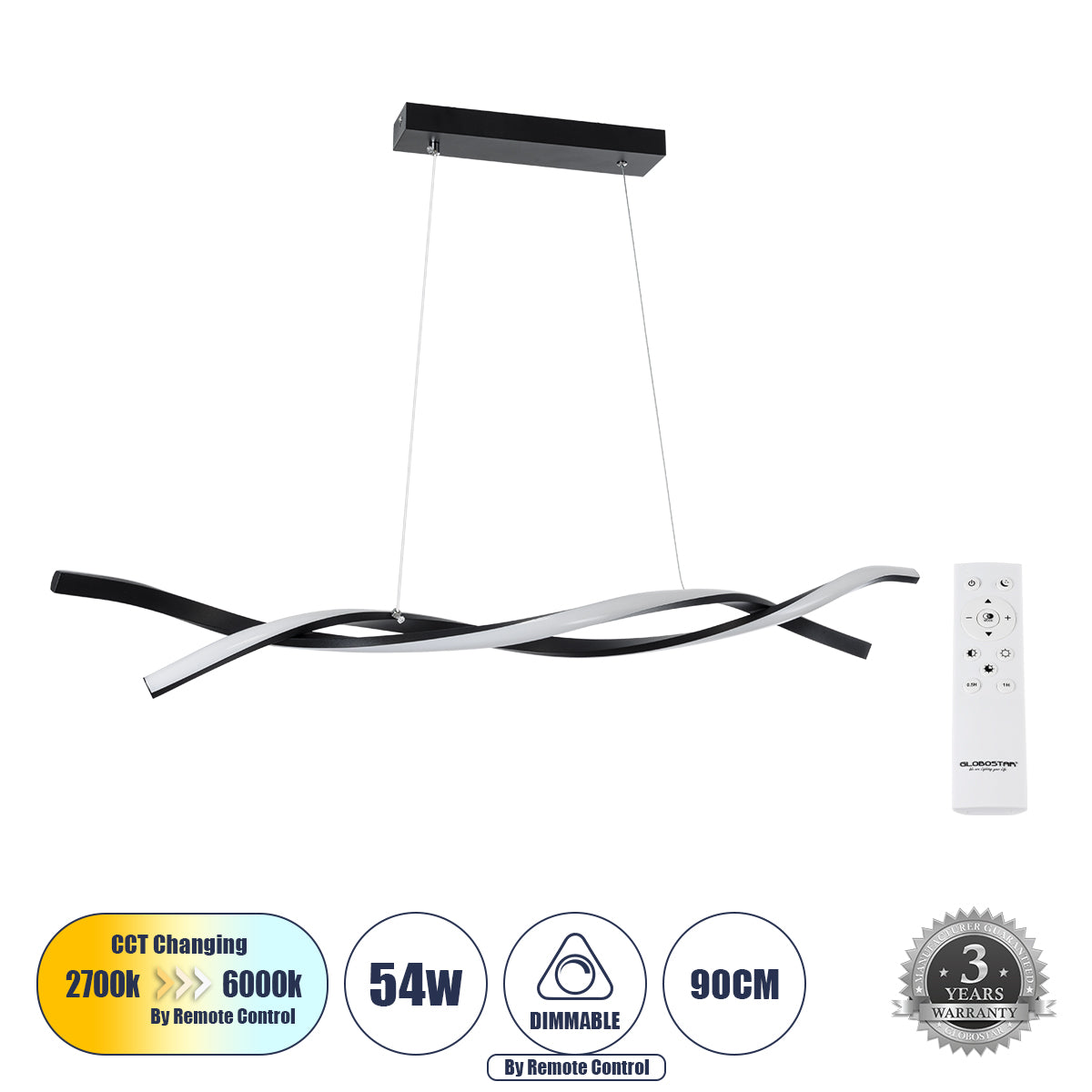 MORALES 61275 Κρεμαστό Φωτιστικό Οροφής Design LED CCT 54W 6048lm 200° AC 220-240V - Εναλλαγή Φωτισμού μέσω Τηλεχειριστηρίου All In One Ψυχρό 6000k+Φυσικό 4500k+Θερμό 2700k Dimmable Μ90 x Π14 x Υ14cm - Μαύρο