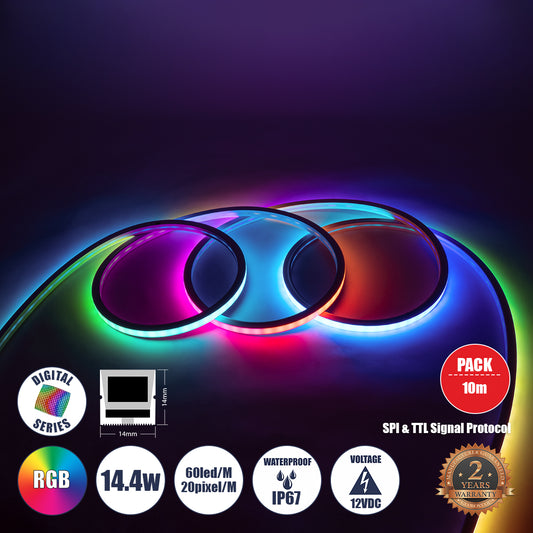 NEONIO 90753 Ψηφιακή Pixel Addressable Ταινία Neon Flex LED 14.4W/m 864lm/m 90° DC 12V Αδιάβροχο IP67 60 x SMD5050 Chip/m 20 x Pixel/m Πολύχρωμο RGB Dimmable SPI/TTL Protocol IC SM16703P/WS2811/WS2812 - Μ1000 x Π1.4 x Υ1.4 - Ρολό 10 Μέτρων