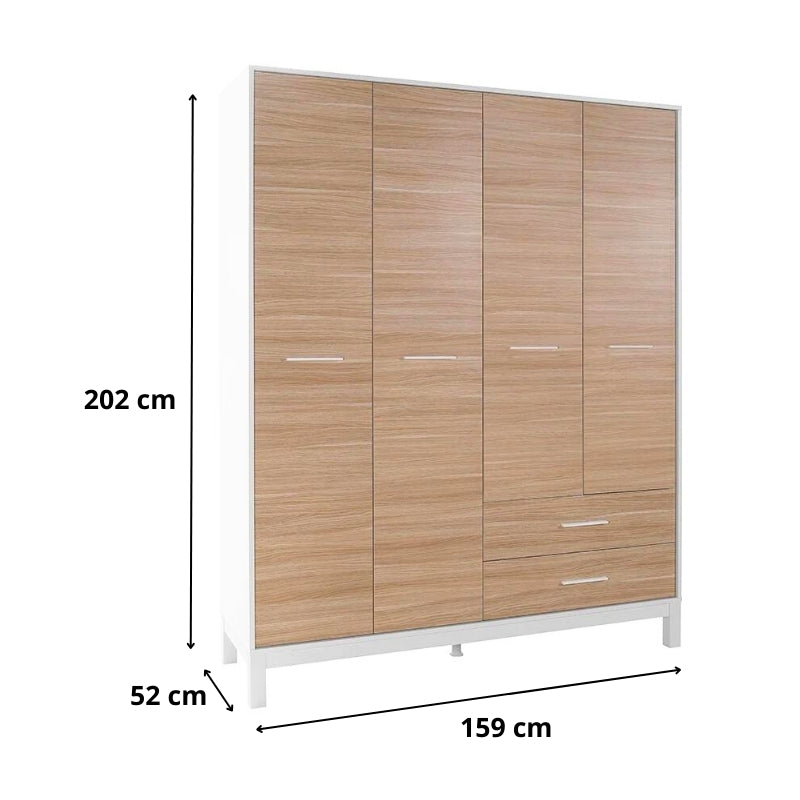 Ντουλάπα Ρούχων London Τετράφυλλη Χρώμα Oak - Λευκό 159x52x202