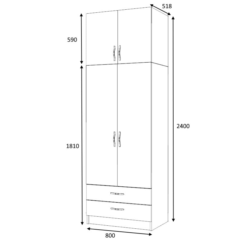 Ντουλάπα Ρούχων Ricardo Δίφυλλη με Πατάρι και Συρτάρια Χρώμα Λευκό 80x51,8x240