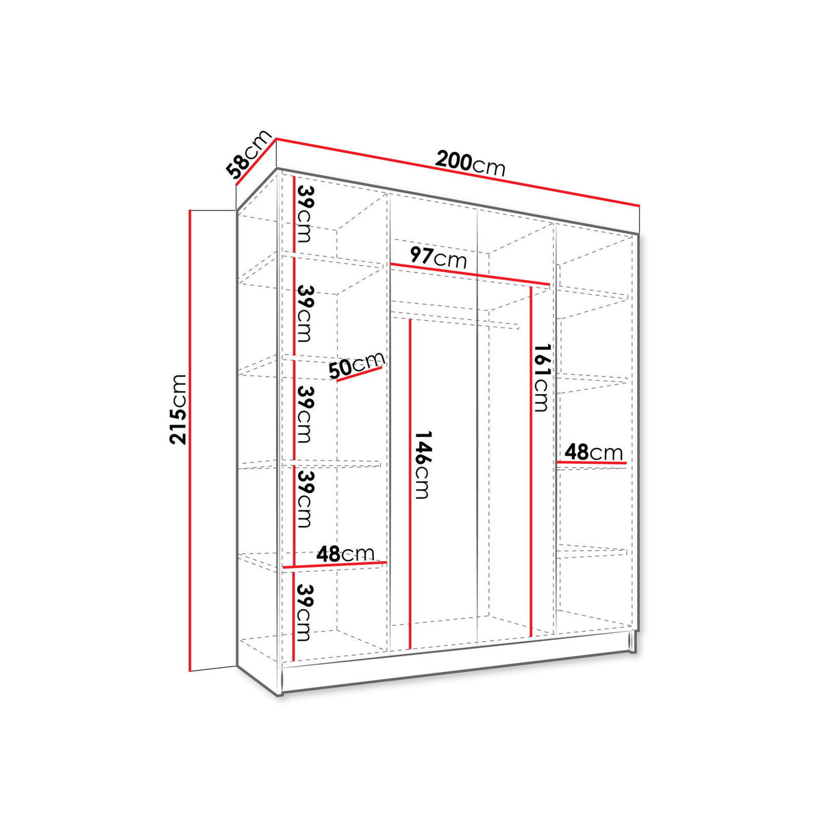 Ντουλάπα Santi Τετράφυλλη Γκρι - Μαύρο 200x58x215