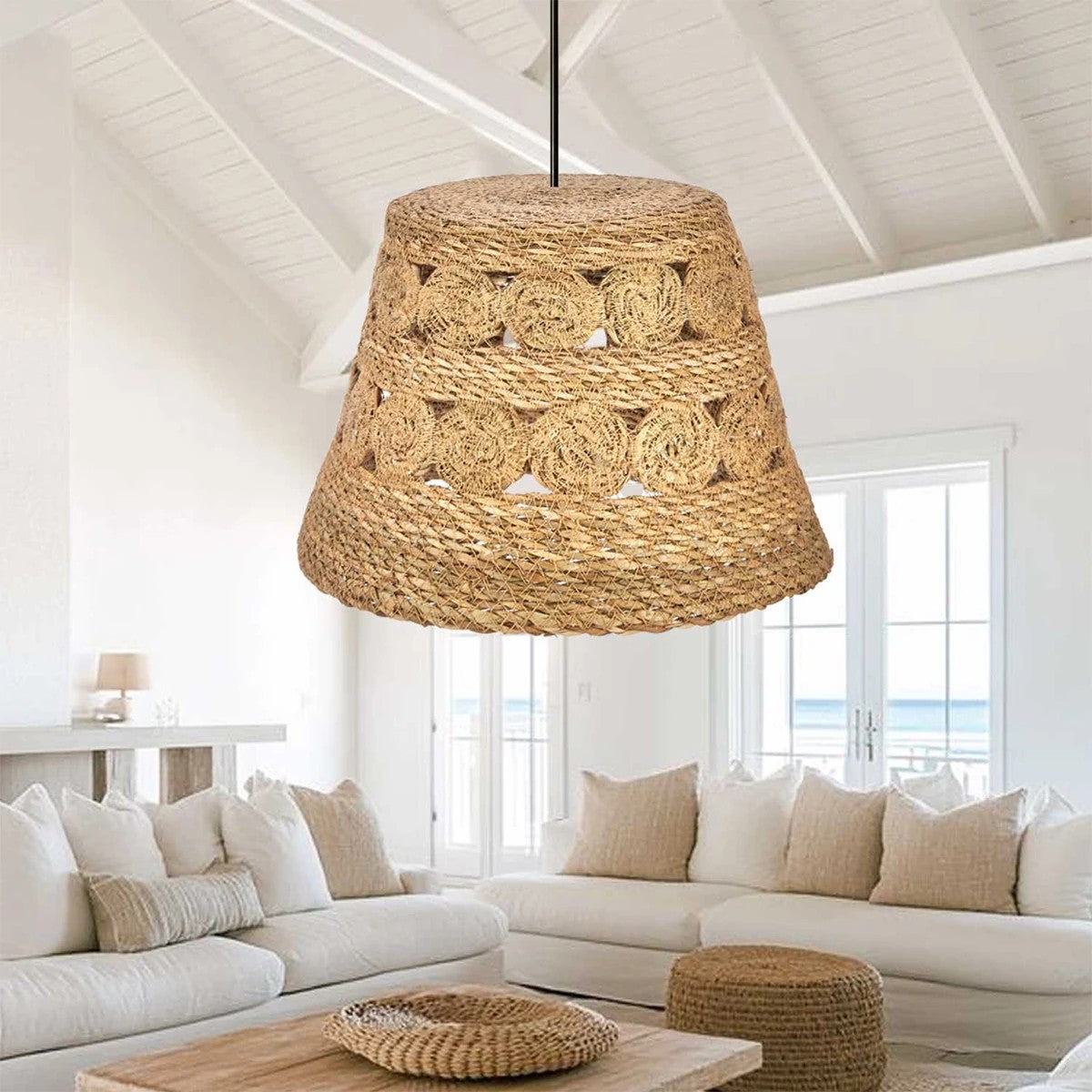 PANIER 204-0171 Boho Κρεμαστό Φωτιστικό Καμπάνα Μονόφωτο 1 x E27 IP20 Μπεζ Σχοινί - Μ32 x Π32 x Υ30cm